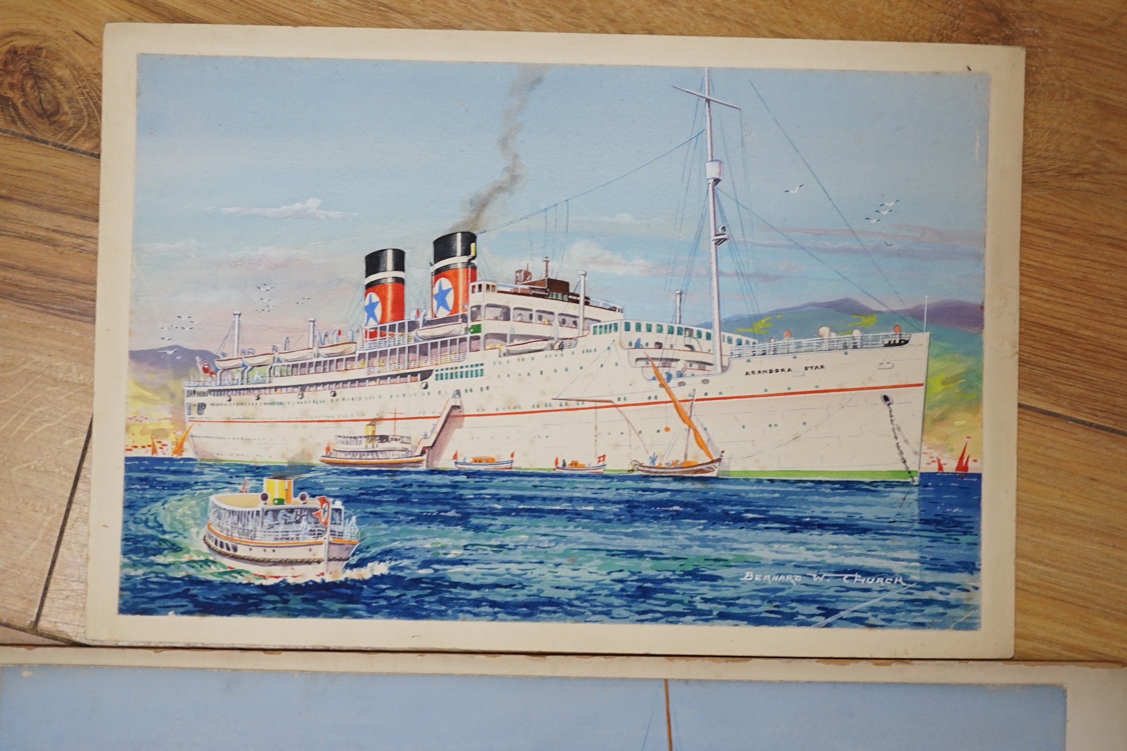 Bernard W. Church (20th. C), two original watercolours for postcard designs, ocean liners, ‘Arandora Star, Blue Star Line’ & ‘Nieuw Amsterdam, Holland America Line’, each signed, unframed, largest 30 x 42cm. Condition -